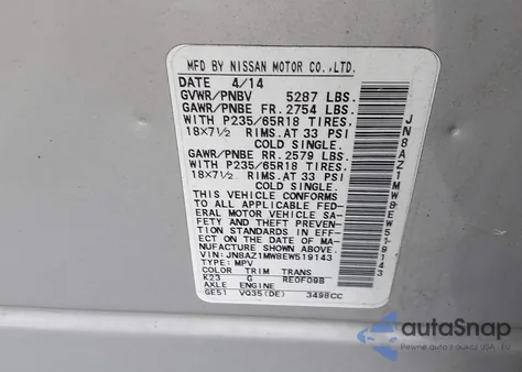 2014 Nissan Murano Sl z USA, uszkodzony, nr VIN JN8AZ1MW8EW519143